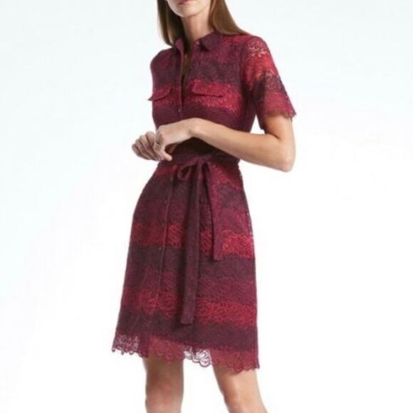 Banana Republic | Burgundy Purple Stripe Button Down Lace Dress - Picture 1 of 7